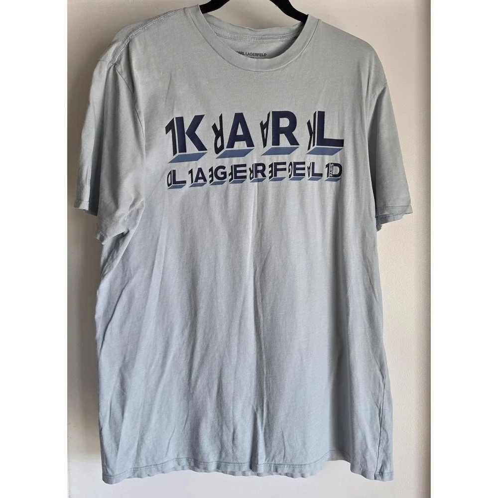 Karl Lagerfeld T-Shirt Size L Light Blue Graphic Crew Neck Cotton Tee